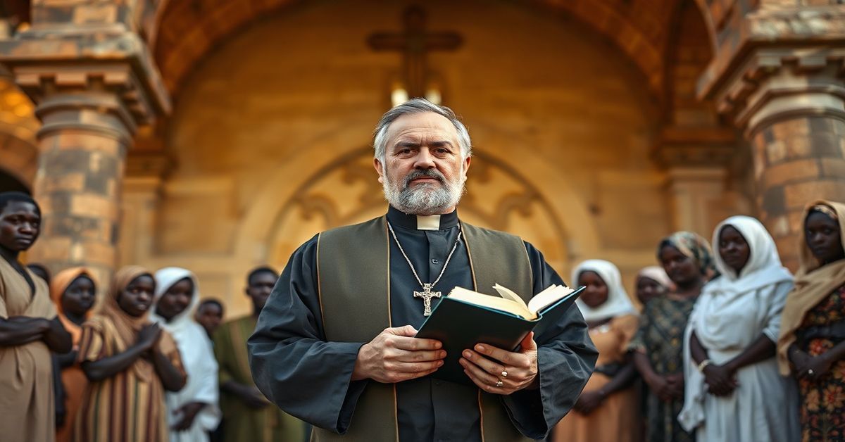 Prawdziwy katolicki kapłan w tradycyjnym stroju stoi przed starożytną bazyliką w Afryce.