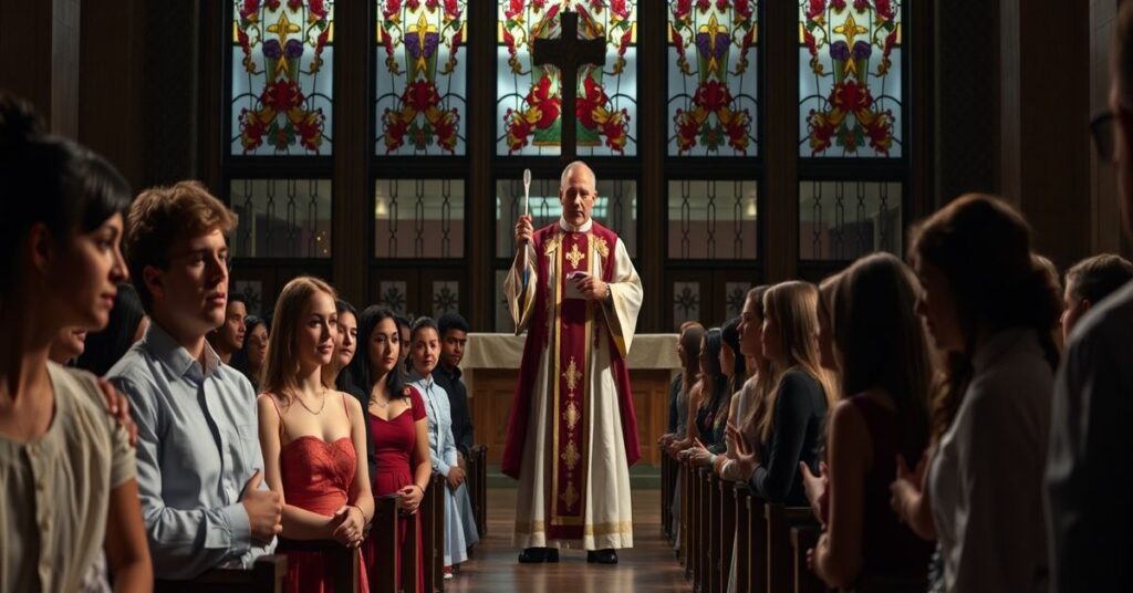 Grupa studentów na kolanach w tradycyjnej katolickiej kaplicy na Uniwersytecie Państwowym Kansas podczas fałszywego sakramentu