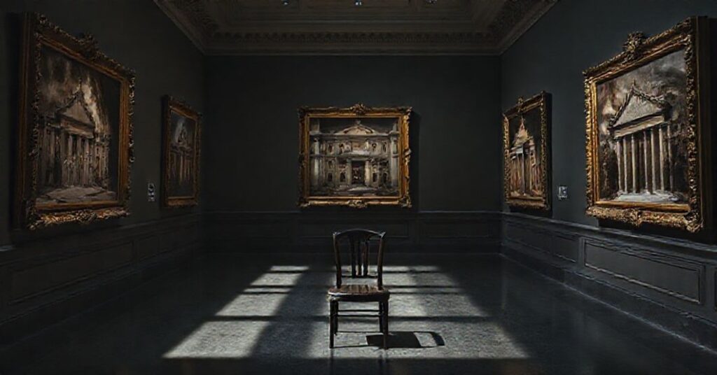 Pusty, słabo oświetlony wnętrze Galerii Pinakoteki Watykańskiej z wystawą fotografii Siedmiu Kościołów Rzymu. Widoczne są stare zdjęcia w złocistych ramach przeciwko zaniedbanemu renesansowemu architekturze. Próżniowy krzesło na pierwszym planie symbolizuje braki autentycznej pielgrzymki.