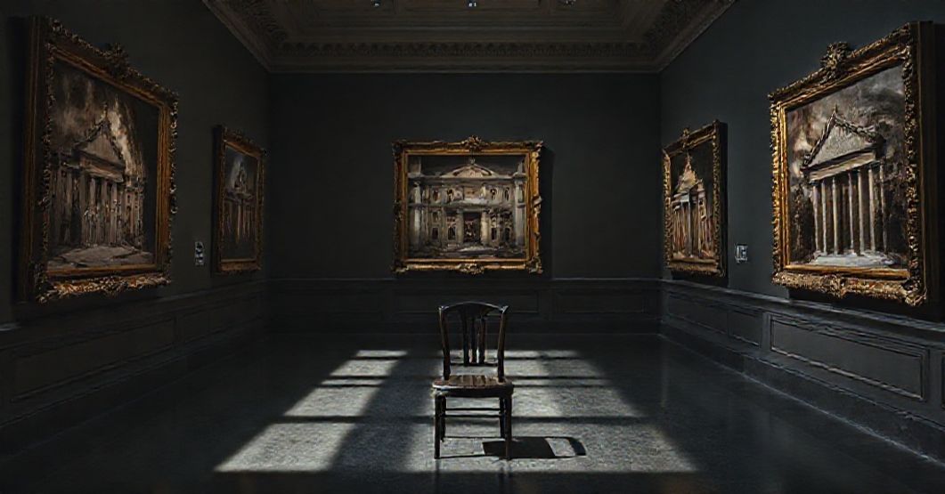 Pusty, słabo oświetlony wnętrze Galerii Pinakoteki Watykańskiej z wystawą fotografii Siedmiu Kościołów Rzymu. Widoczne są stare zdjęcia w złocistych ramach przeciwko zaniedbanemu renesansowemu architekturze. Próżniowy krzesło na pierwszym planie symbolizuje braki autentycznej pielgrzymki.
