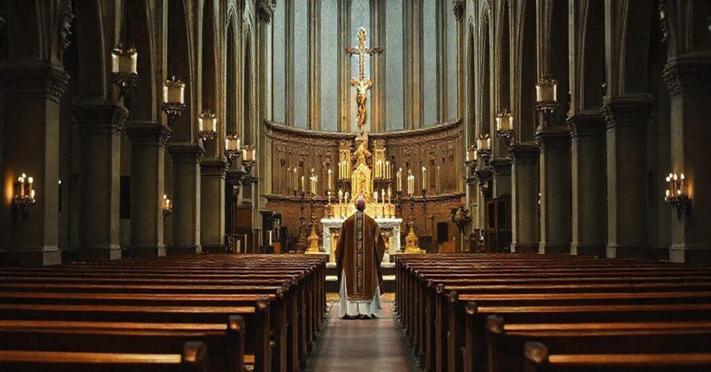 Wnętrze katedry katolickiej, puste ławki, biskup w tradycyjnych szatach, ołtarz z krucyfiksem i świecami, atmosferę duchowej pustki.