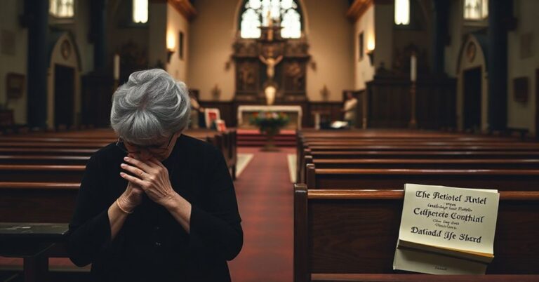 Pusty kościół z starą kobietą modlącą się w smutnej atmosferze