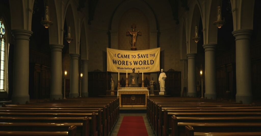 Pusty kościół podczas inicjatywy „24 godziny dla Pana”, symbolizujący duchową pustkę nowego porządku w Kościele. Na tle sztucznej pobożności i symboliki modernistycznej – uszkodzone rzeźby i nieodpowiednie sztuki w_monthroomie