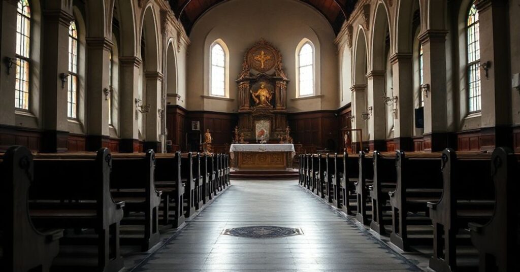 Pusty kościół z opuszczonym ołtarzem symbolizujący brak prawdziwej sakramentalnej władzy w neo-kościele