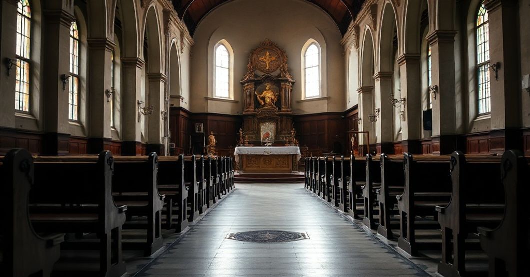 Pusty kościół z opuszczonym ołtarzem symbolizujący brak prawdziwej sakramentalnej władzy w neo-kościele