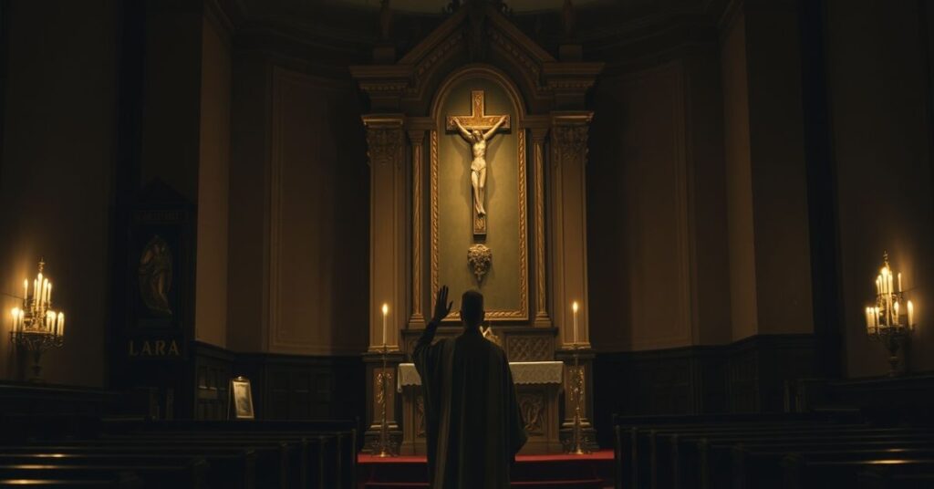 Wnętrze tradycyjnego kościoła katolickiego z pustym ołtarzem i osobą czyniącą znak krzyża.