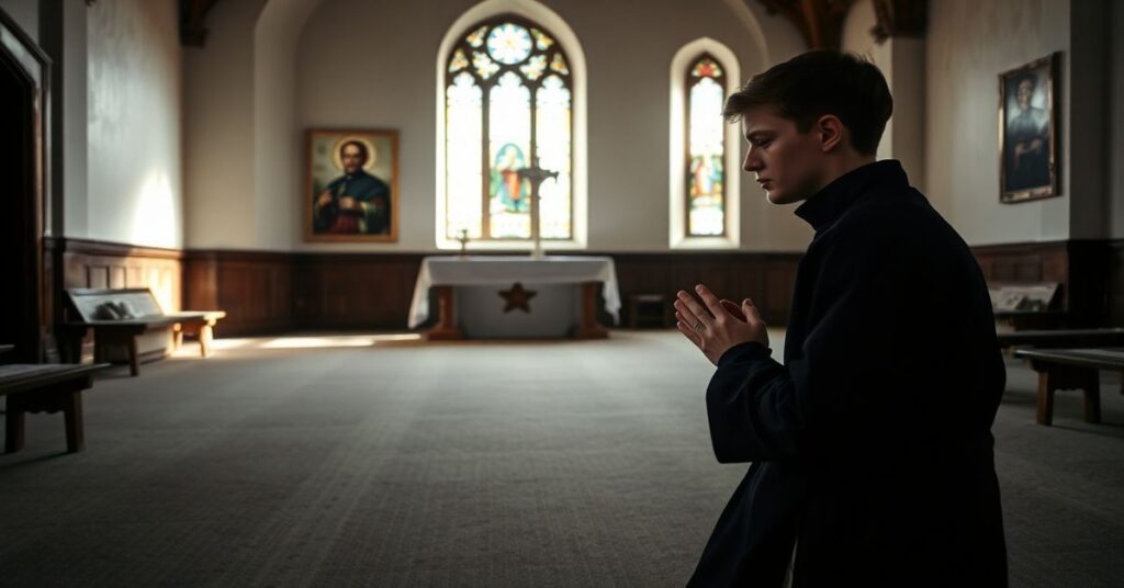 Pusty kościół seminarium w Kielcach z młodym seminarzystą modlącego się w tradycyjnym sutannie przed pustym ołtarzem