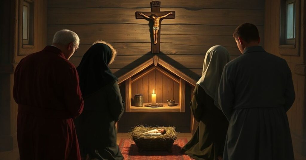 Pozbawiona treści religijnej rodzina modli się przed tradiacyjną szopką w kaplicy