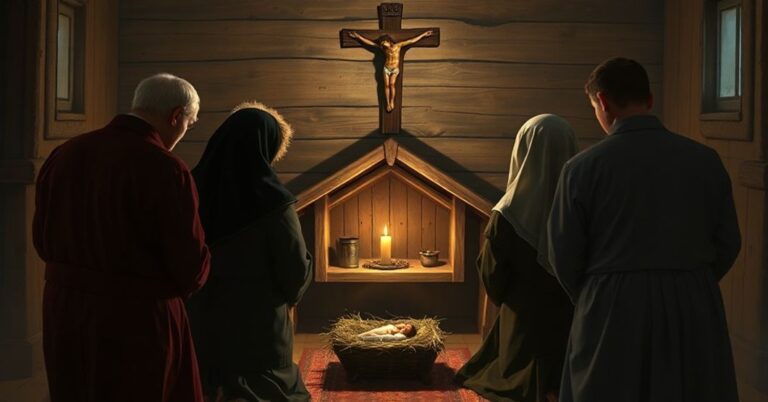 Pozbawiona treści religijnej rodzina modli się przed tradiacyjną szopką w kaplicy