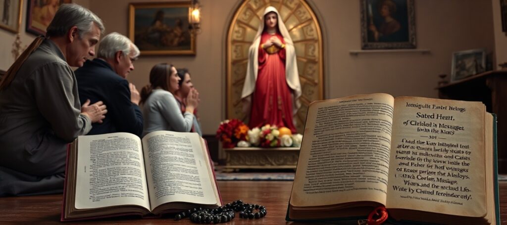 Pokorny katolicki rodzinny modlitwa przed posągiem Niepokalanego Serca Maryi z rosariuszem i kontrowersyjną treścią fatimską w tle. Scena podkreśla brak teologicznego fundamentu w mariańskiej pobożności.