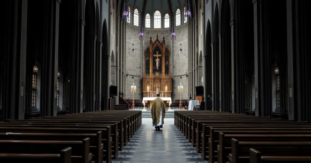 Wnętrze łódzkiej archikatedry w ciemnościach - biskup w liturgicznych szatach odchodzi w odległy kąt. Pusty kościół symbolizuje duchową pustkę schizmy nowożytnej