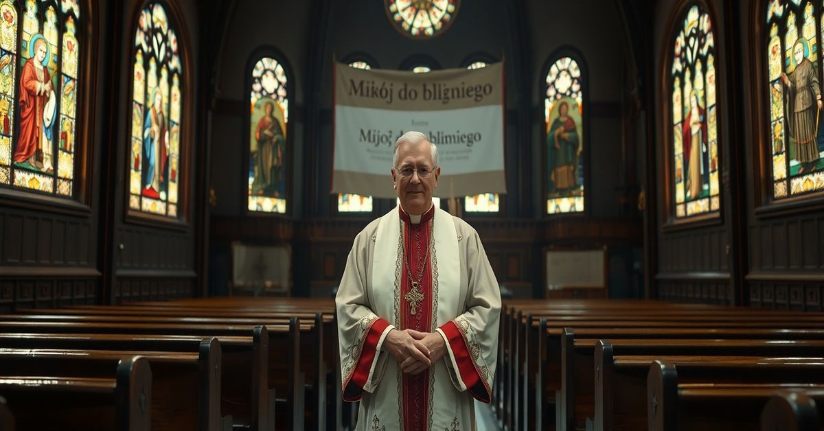 Wnętrze katedry w Koszalinie podczas ingresu pseudobiskupa Krzysztofa Zadarki z pusteimi ławkami i współczesnym humanistycznym nastrojem.