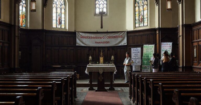Pusty kościół z wyludnionymi ławkami i pozbawionym waz od duszpasterzy ołtarzem; na tle banery z hasłami aktywności parafialnej i organizacje spotkań świeckich.