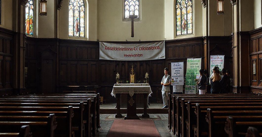 Pusty kościół z wyludnionymi ławkami i pozbawionym waz od duszpasterzy ołtarzem; na tle banery z hasłami aktywności parafialnej i organizacje spotkań świeckich.