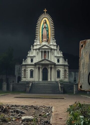 Pustkowia rzekomego cudu z Guadalupe - tradycyjne przedstawienie Pustkowia miejsca rzekomego cudu z Guadalupe - tradycyjny katolicki widok opuszczonego stanowiska z bezczelnym duchownym w sutannie