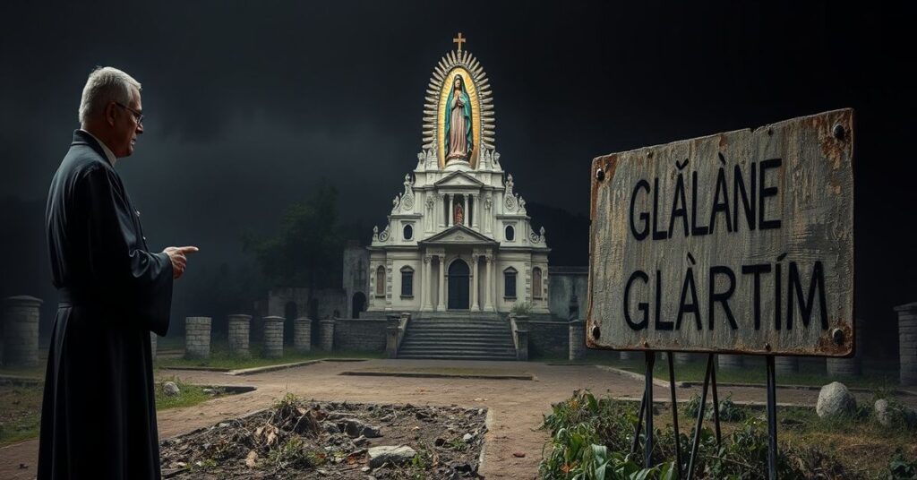 Pustkowia miejsca rzekomego cudu z Guadalupe - tradycyjny katolicki widok opuszczonego stanowiska z bezczelnym duchownym w sutannie