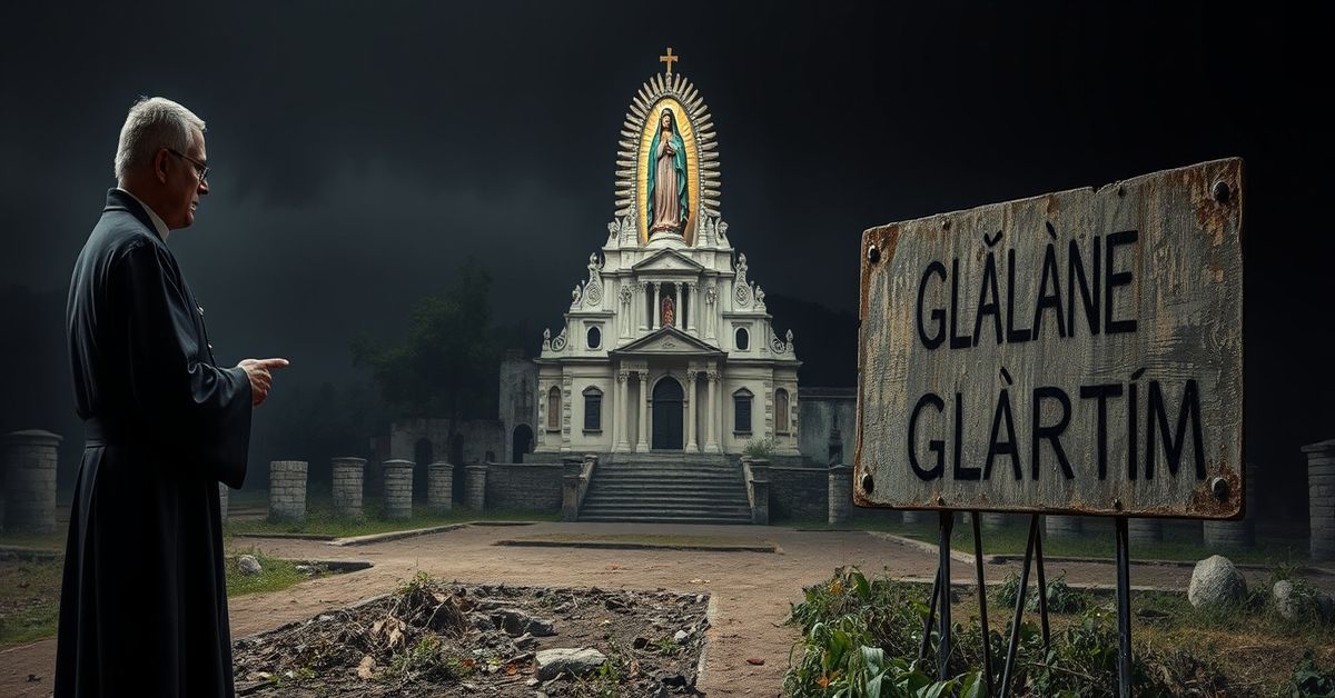 Pustkowia rzekomego cudu z Guadalupe - tradycyjne przedstawienie Pustkowia miejsca rzekomego cudu z Guadalupe - tradycyjny katolicki widok opuszczonego stanowiska z bezczelnym duchownym w sutannie