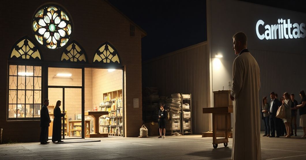 Pustość duchowa - nowoczesny magazyn Caritas obok opuszczonej kaplicy, symbolizujący brak duchowych dzieł miłosierdzia.