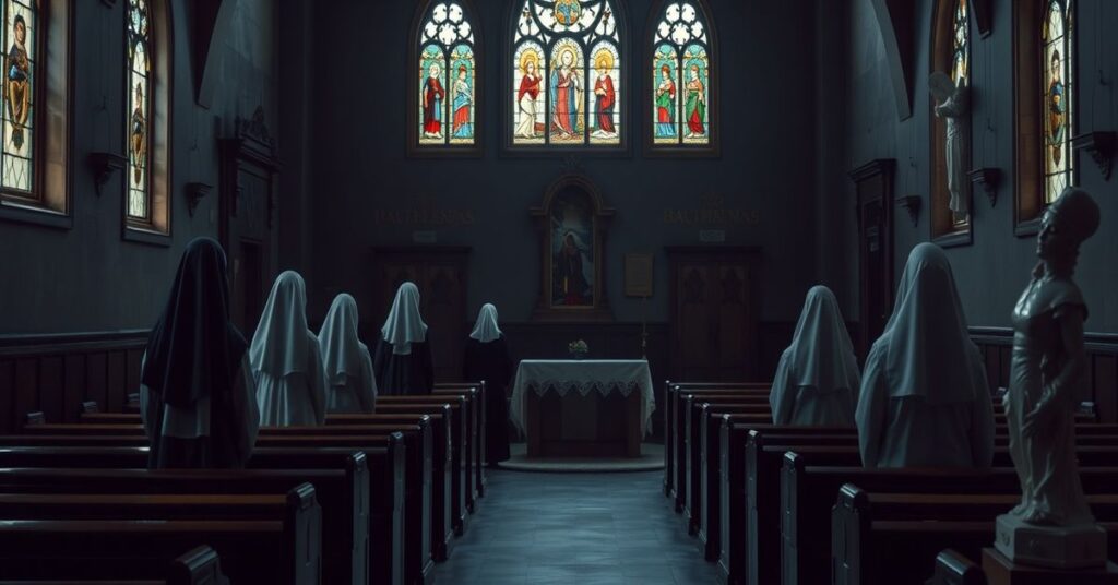 Pustoszały klasztorny kościół z kilkoma młodymi zakonnikami w tradycyjnych habitach modlącymi się przed ołtarzem.