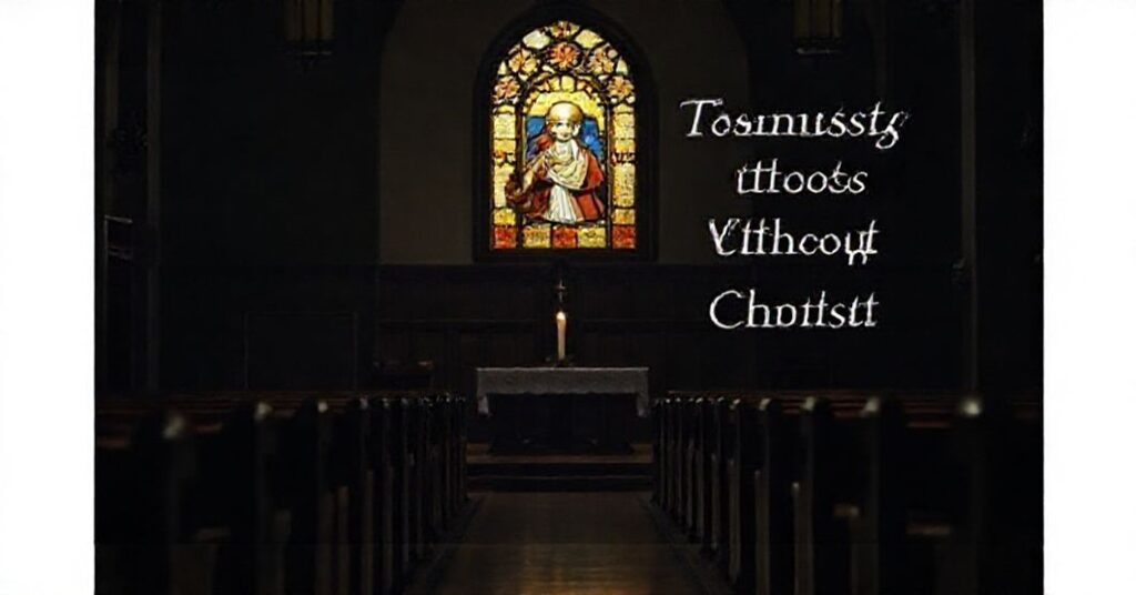 Smutny wnętrze katolickiego kościoła z opuszczonym ołtarzem i pojedynczym świecącym świecą, symbolizujące brak prawdziwej wdzięczności.