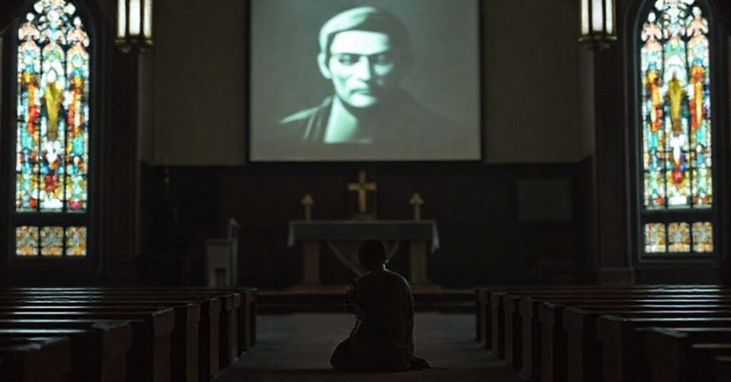 Pusty ołtarz w tradycyjnym kościele katolickim z człowiekiem modlącym się na pierwszym planie i rozmazanym ekranem z postacią modernistyczną.