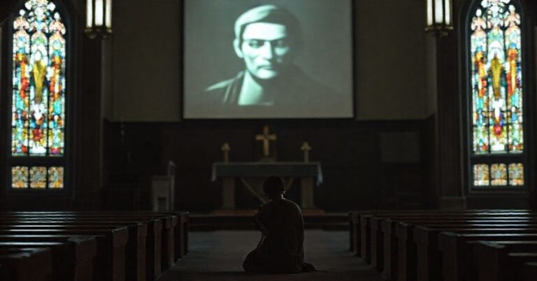 Pusty ołtarz w tradycyjnym kościele katolickim z człowiekiem modlącym się na pierwszym planie i rozmazanym ekranem z postacią modernistyczną.