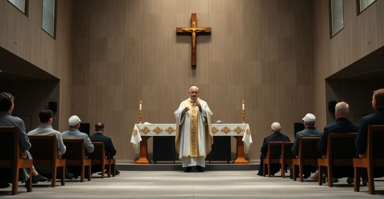 Pusty ceremoniał w nowoczesnym seminarium w Ełku, 2025. Pseudo-biskup w liturgicznym stroju stojący przy ołtarzu dekorowanym nowoczesnymi elementami, przemawiający do kilku kleryków. Scena symbolizuje brak autentycznej wiary i tradycyjnej formacji duchownej, krytykując modernistyczny katolicyzm.