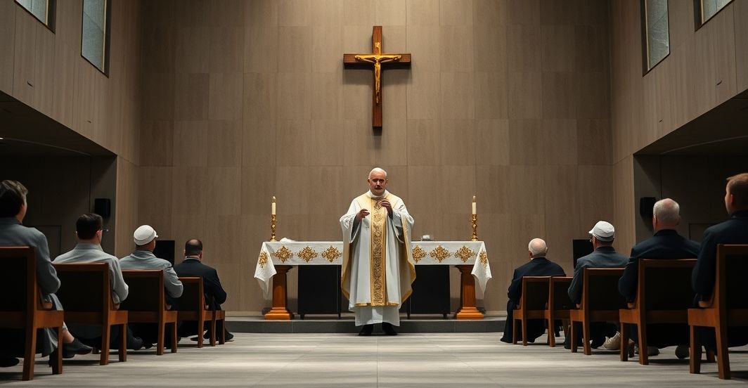 Pusty ceremoniał w nowoczesnym seminarium w Ełku, 2025. Pseudo-biskup w liturgicznym stroju stojący przy ołtarzu dekorowanym nowoczesnymi elementami, przemawiający do kilku kleryków. Scena symbolizuje brak autentycznej wiary i tradycyjnej formacji duchownej, krytykując modernistyczny katolicyzm.