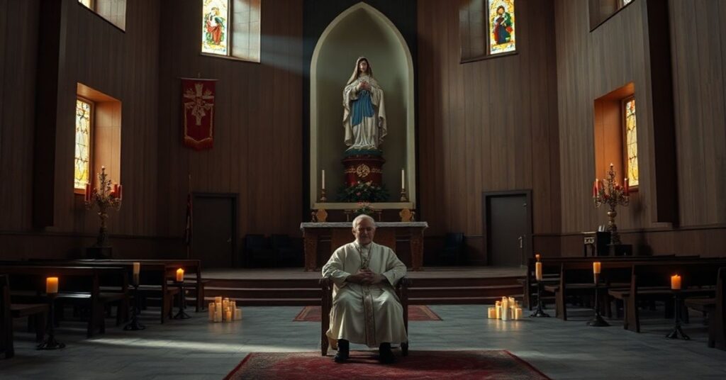 Wnętrze sanktuarium w Wąwolnicy z pustym fotelem Jerzego Ważnego i statua Matki Boskiej Częstochowskiej na tle