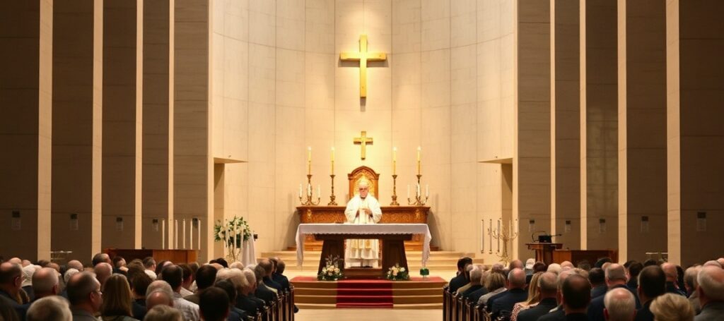 Wnętrze poznańskiej katedry podczas Meczu św. pod przewodnictwem abp. Zielińskiego, z udziałem kapłanów świętujących jubileusze święceń.