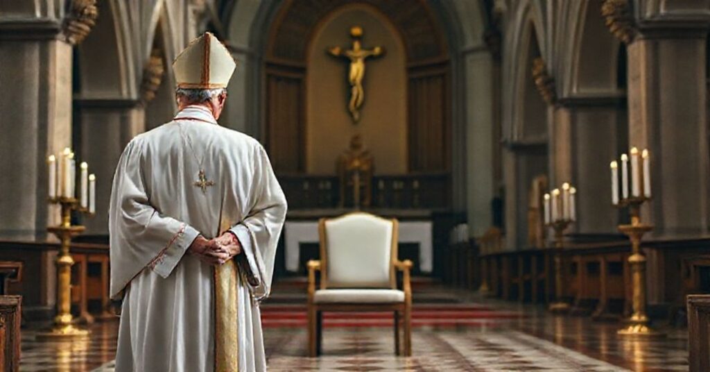 Biskup w tradycyjnym stroju liturgicznym stoi przed pustym krzesłem symbolizującym ofiary nadużyć, na tle wnętrza kościoła z wotami i krucyfiksem.