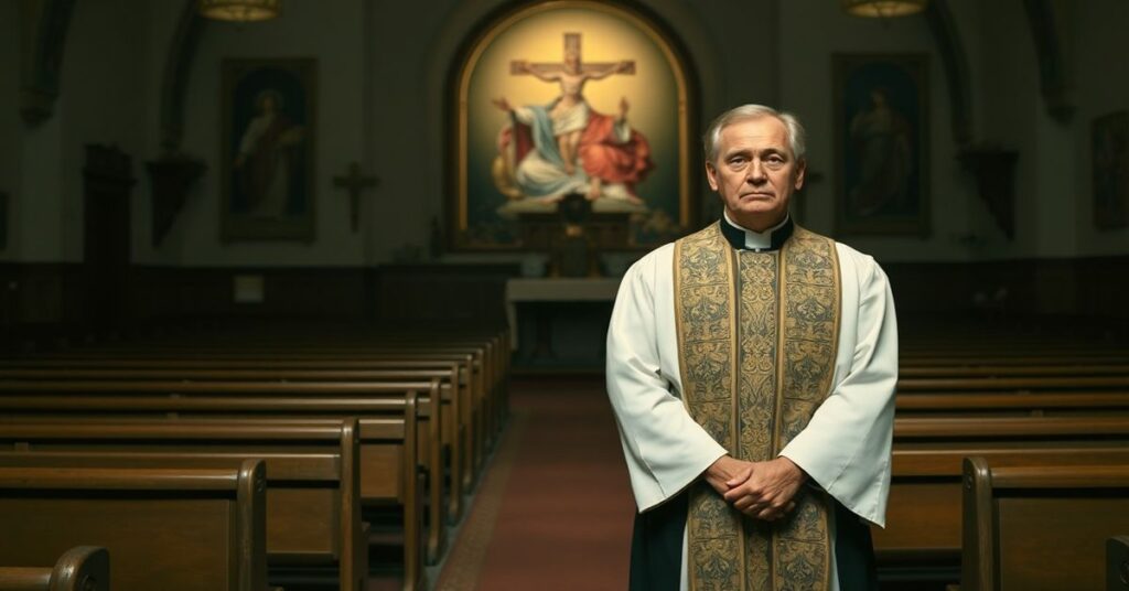 Pusty kościół z modernistycznym kapłanem na ołtarzu, symbolizujący duchową pustkę Kościoła posoborowego.