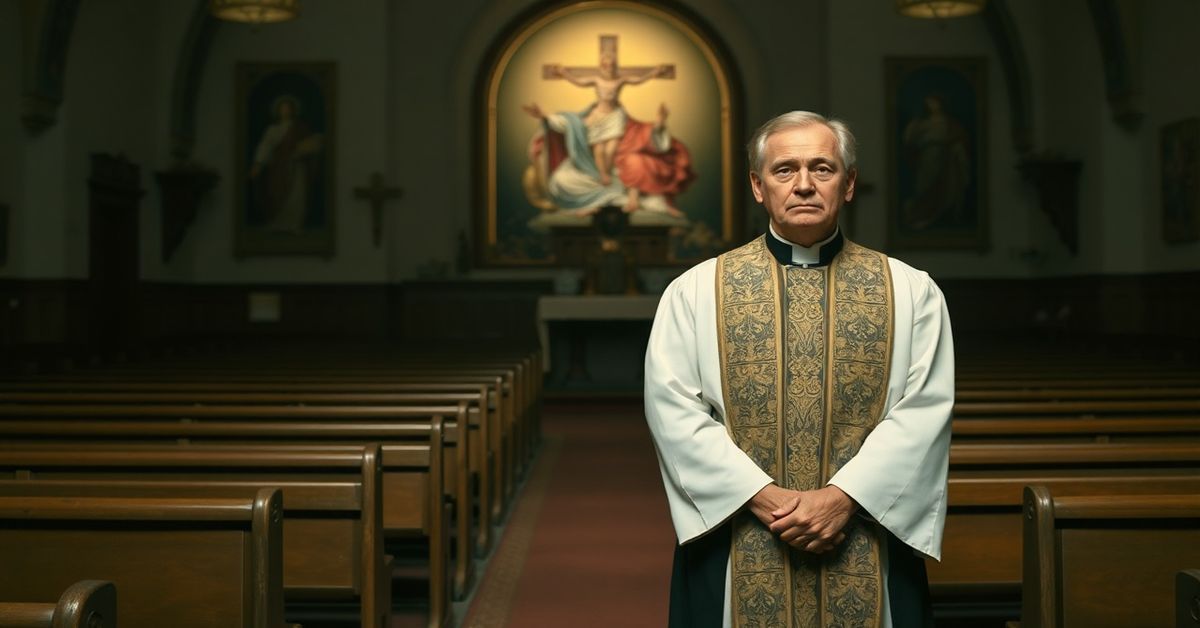 Pusty kościół z modernistycznym kapłanem na ołtarzu, symbolizujący duchową pustkę Kościoła posoborowego.