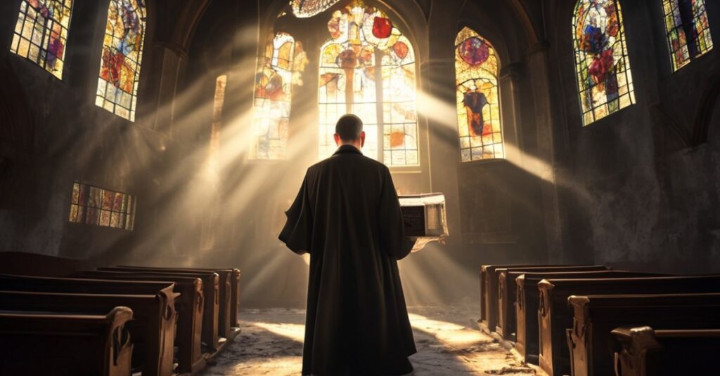 Ksiądz w tradycyjnym stroju kościelnym stoi przed opuszczoną wnętrzem kościoła z pękniętymi witrażami, trzyma monstrancję z Najświętszym Sakramentem.