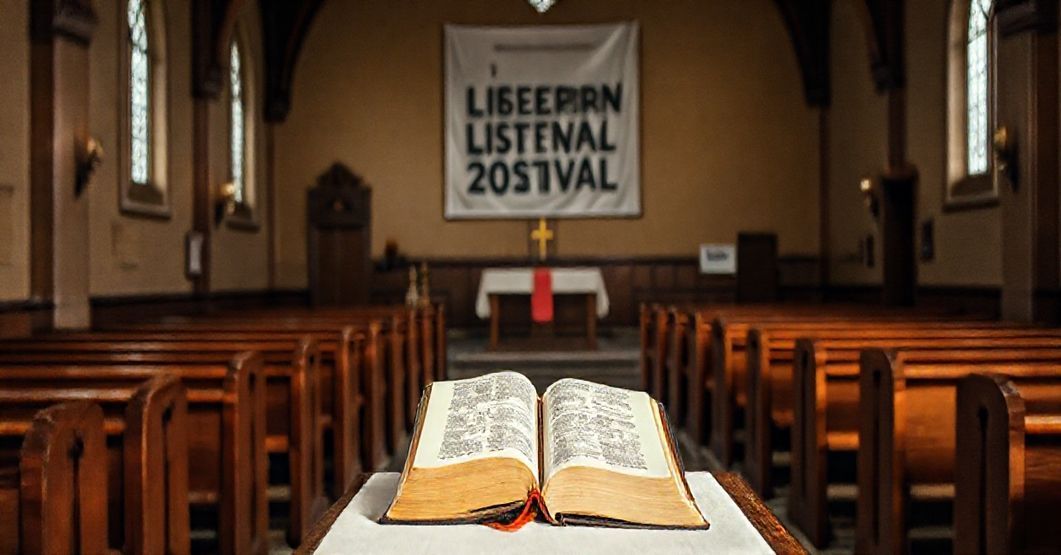 Przerzedzone ławki w tradycyjnym kościele katolickim z zapomnianą Biblią na ołtarzu.