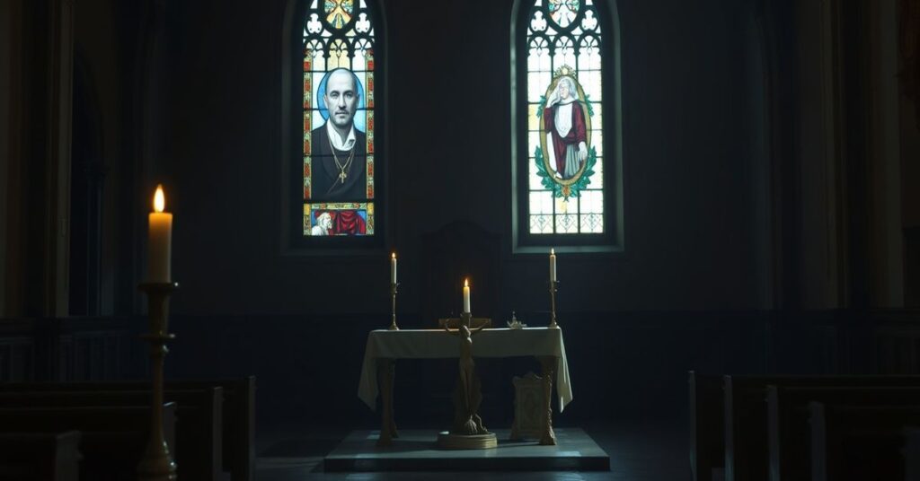 Pusty kościół z jedną zapaloną świąteczną świecą i krzyżem z kroplami krwi na ołtarzu.