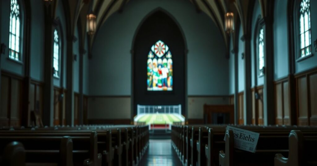Pusty kościół z widokiem stadionu przez witraże symbolizujący zanik wiary i skupienie na świecie