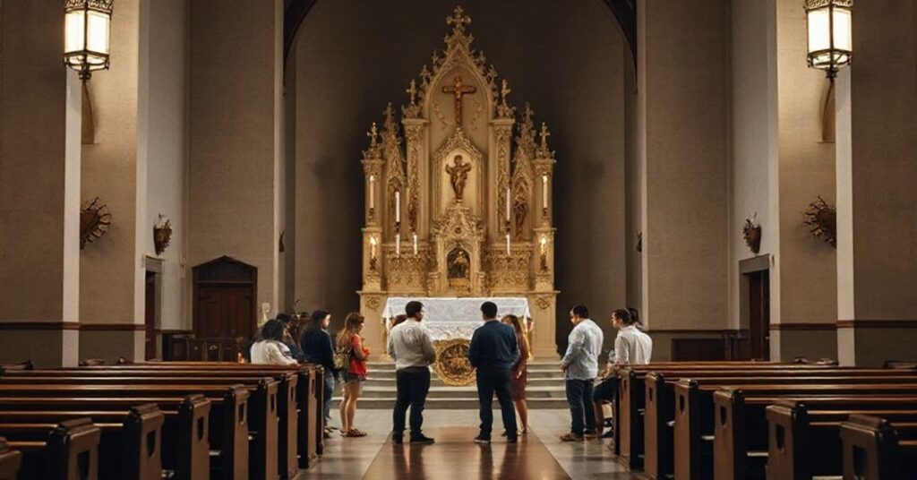 Pusty kościół z grupą młodzieży dyskutującej bez obecności sakramentów czy tradycyjnej liturgii