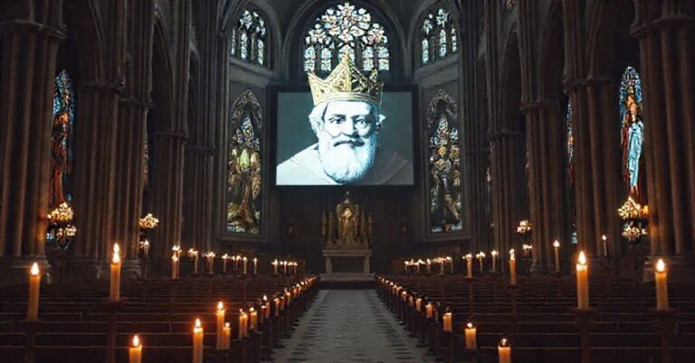 Pusty kościół z woskowymi świecami i wyświetlaczem mediów z wizerunkiem Roberta Prevosta jako 'Leona XIV' i statystykami z Wikipedii w tle.