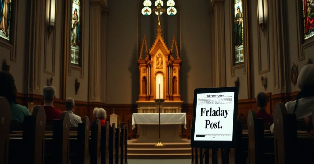 Pusty kościół katolicki z zapaloną świecą przed tabernakulum, symbolizujący brak prawdziwej nauki