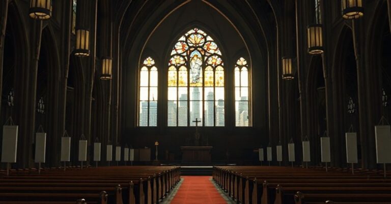 Pusty kościół katolicki z widokiem na nowoczesny dystrykt finansowy, symbolizujący gospodarkę bez Boga