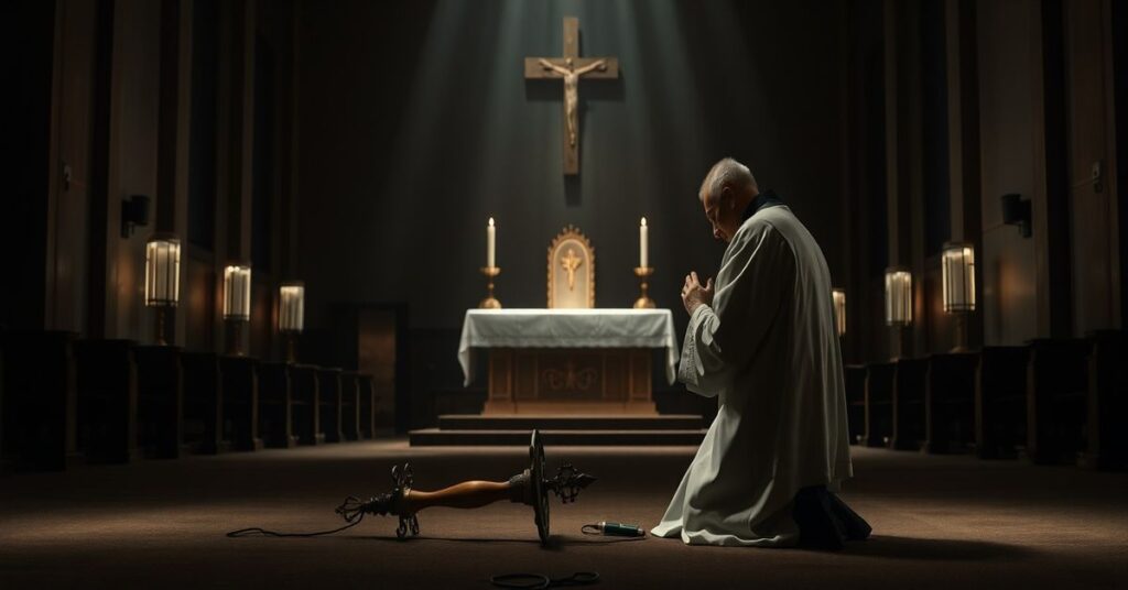 Pusty kościół w czasie Wielkiego Tygodnia z zaniedbanym ołtarzem i przerażonym księdzem modlącym się w ciemności