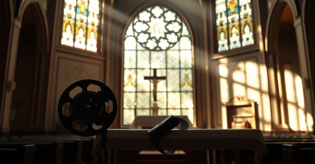 Pusty kościół z rozrzucanymi filmowymi rolkami na ołtarzu, symbolizujący brak Chrystusa w dzisiejszej kulturze.