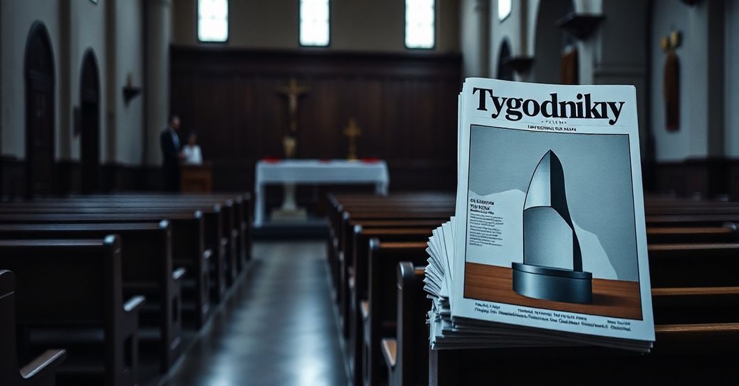 Pusty kościół z czasopismem "Tygodnik Powszechny" na pierwszym planie, symbolizujący brak duchowości i redukcję wiary do kultury