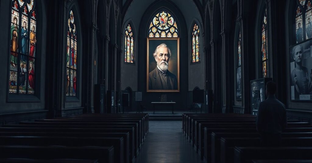 Pusty kościół w Krakowie z wyblakłym portretem Józefa Hofmanna na tle nowoczesnych wystaw technologicznych