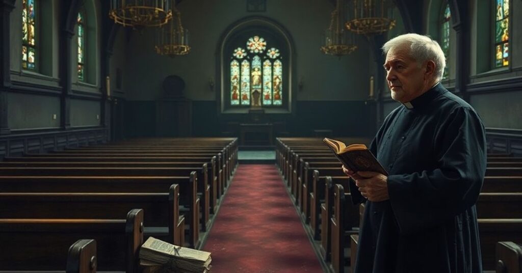 Pusty kościół z zapomnianymi manuskryptami i naczyniami sakralnymi traktowanymi jako eksponaty muzealne.