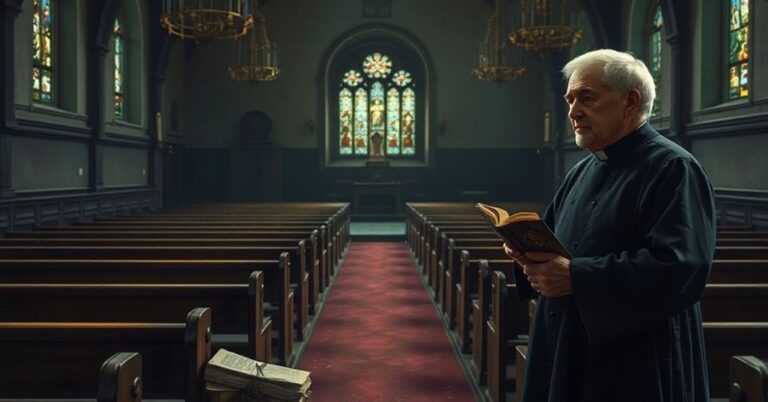 Pusty kościół z zapomnianymi manuskryptami i naczyniami sakralnymi traktowanymi jako eksponaty muzealne.