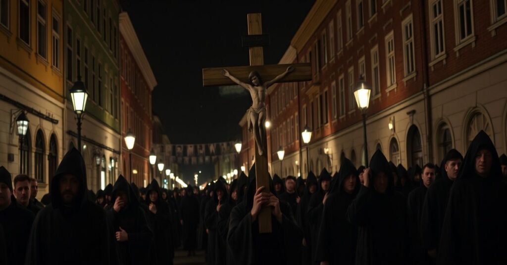 Nocna procesja pokutna z pustym krzyżem w Gdańsku w Wielkim Piątku - brak prawdziwego Kościoła i sakramentów