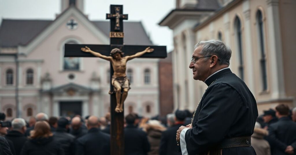 Obraz przedstawiający pusty, modernistyczny krzyż w Niemczu z widokiem na fasadę kościoła. Scena jest przygnębiająca i symbolizuje brak prawdziwego poświęcenia i sprawozdawczości. Krzysztof Włodarczyk w modernistycznym stroju duchownym stoi obok krzyża z wyrazem kontemplacji, ale niewłaściwym. Na tle widoczna jest tłum niezaangażowanych wiernych.