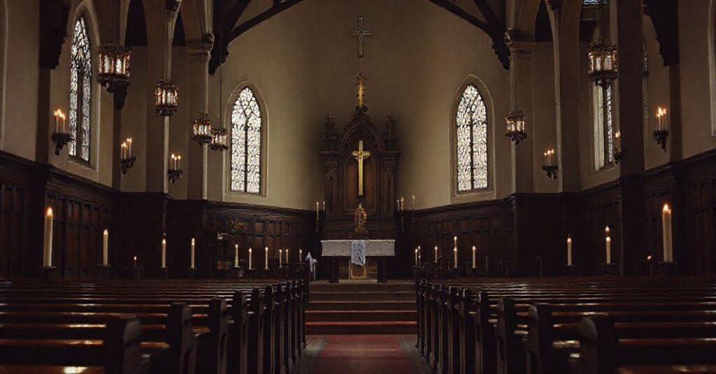 Wnętrze tradycyjnego kościoła z pustym ołtarzem i nieobecnym Najświętszym Sakramentem